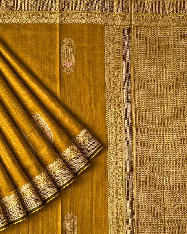 Semi Raw Silk Saree With Gold Zari Weaving Meenakari Butties and kaddi Border - Brown
