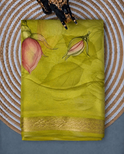Georgette Saree with Floral Print and Golden Border - Light Green