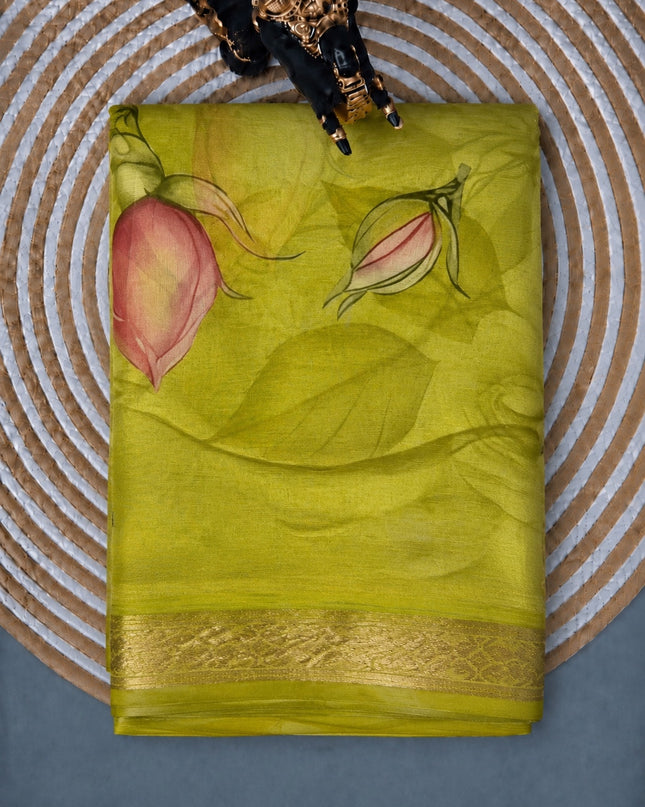 Georgette Saree with Floral Print and Golden Border - Light Green