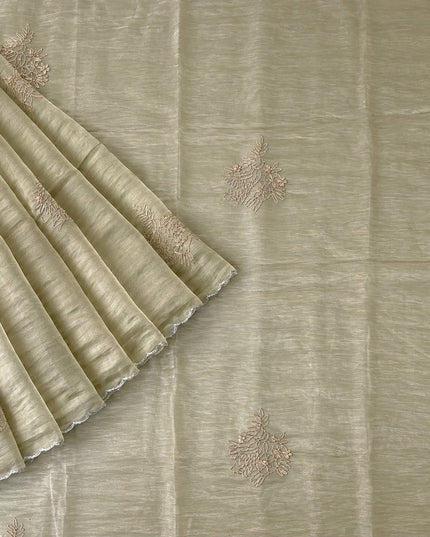 Soft  Tissue Orznga  Saree With Ari work and scallop Border- light Green