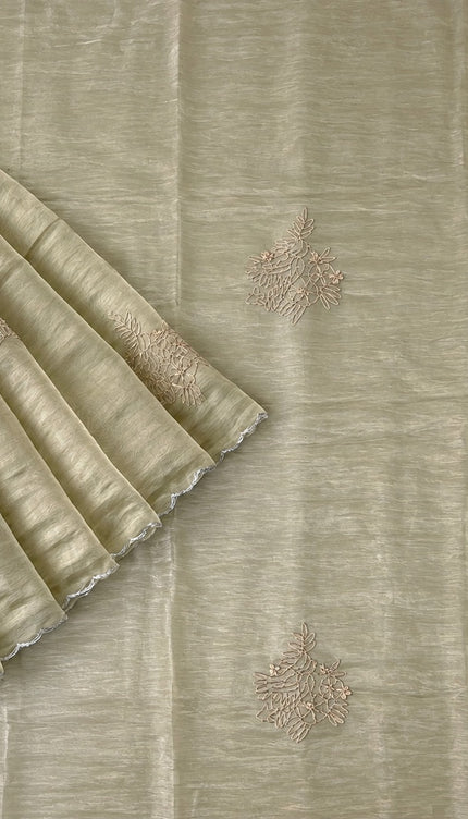 Soft  Tissue Orznga  Saree With Ari work and scallop Border- light Green