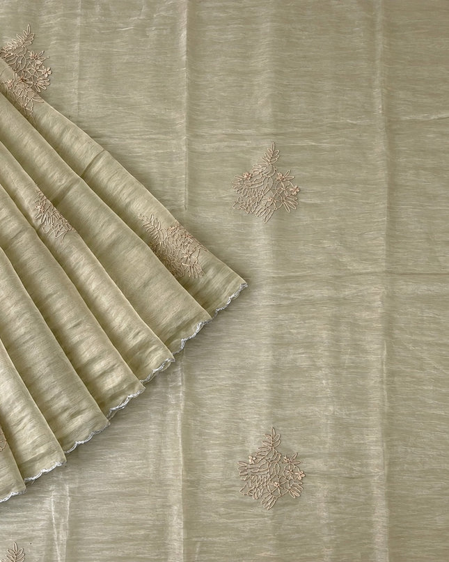 Soft  Tissue Orznga  Saree With Ari work and scallop Border- light Green