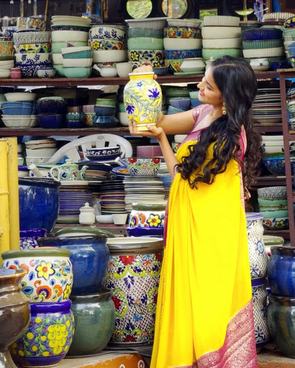 Georgette Saree Golden Zari Flower Design Border -  Yellow