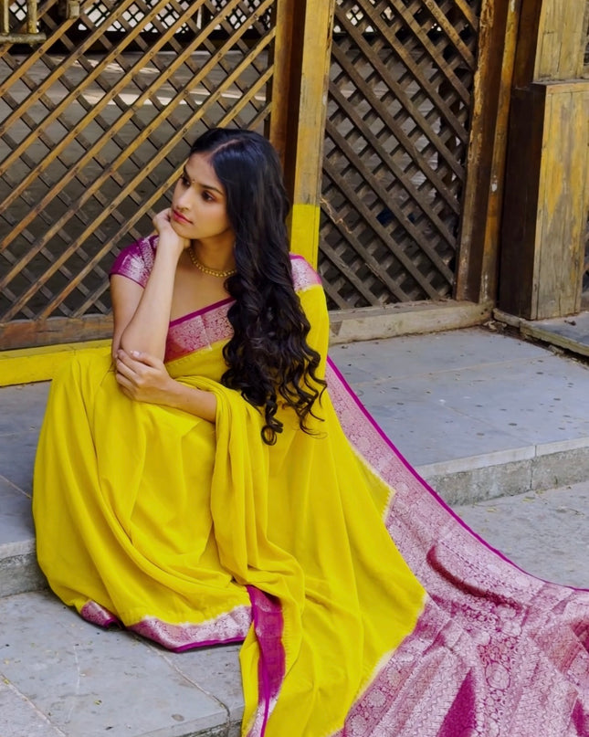 Georgette Saree Golden Zari Flower Design Border -  Yellow