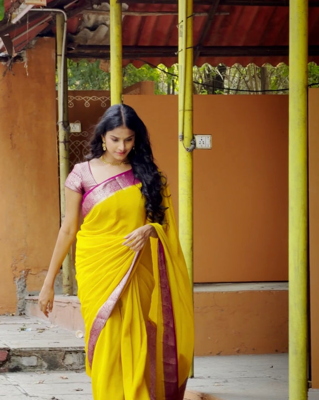 Georgette Saree Golden Zari Flower Design Border -  Yellow