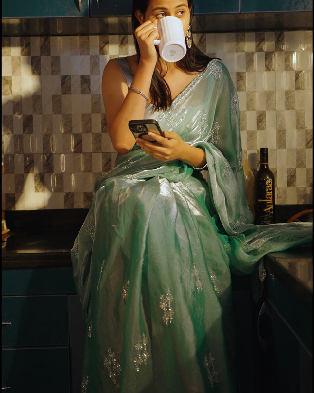 Glass Tissue Saree with Kardhana Work and Scallop Kardhana Border- Mint Green