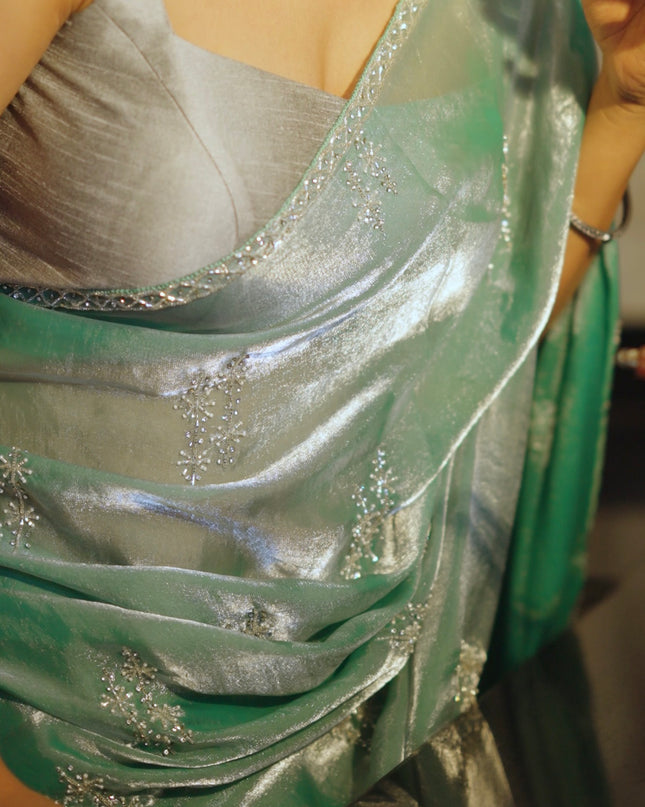 Glass Tissue Saree with Kardhana Work and Scallop Kardhana Border- Mint Green