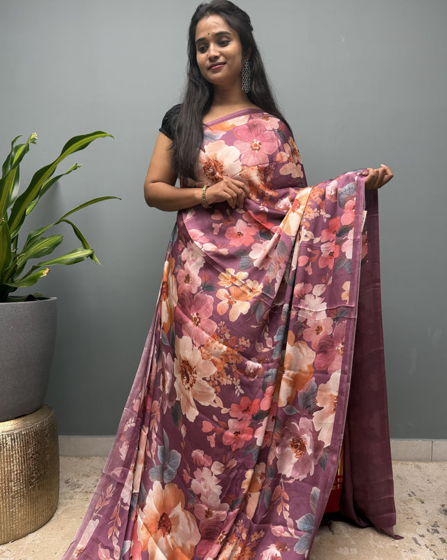 Crepe Saree with Digital Printed with small Border- Light Pink