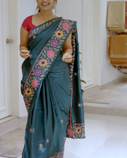Kora Dupion Saree with Thread  Work and Scallop Border-Bottle Green