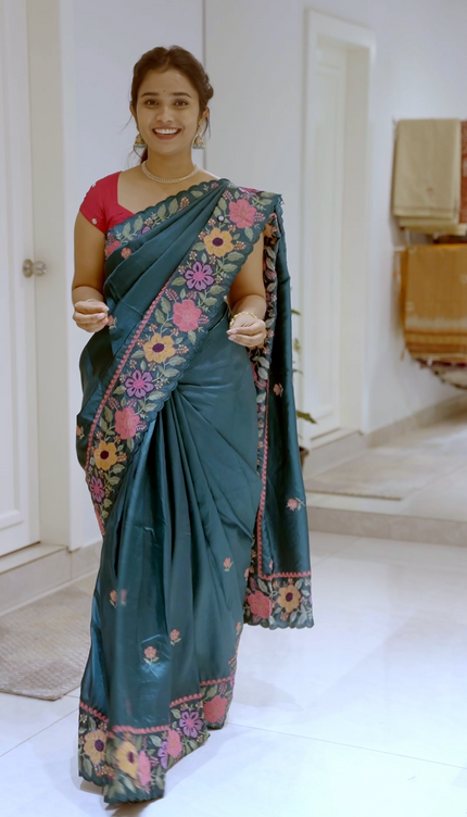 Kora Dupion Saree with Thread  Work and Scallop Border-Bottle Green