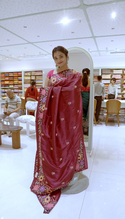 Kora Dupion Saree with Thread  Work and Scallop Border-Maroon