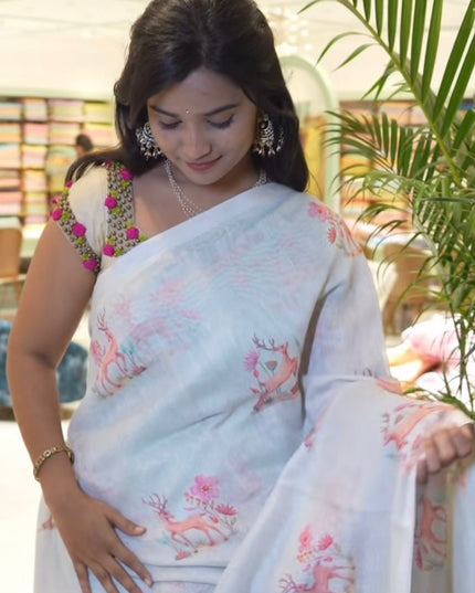 Linen Silk Saree  With Printed Butties - light grey