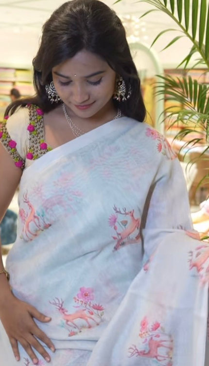 Linen Silk Saree  With Printed Butties - light grey