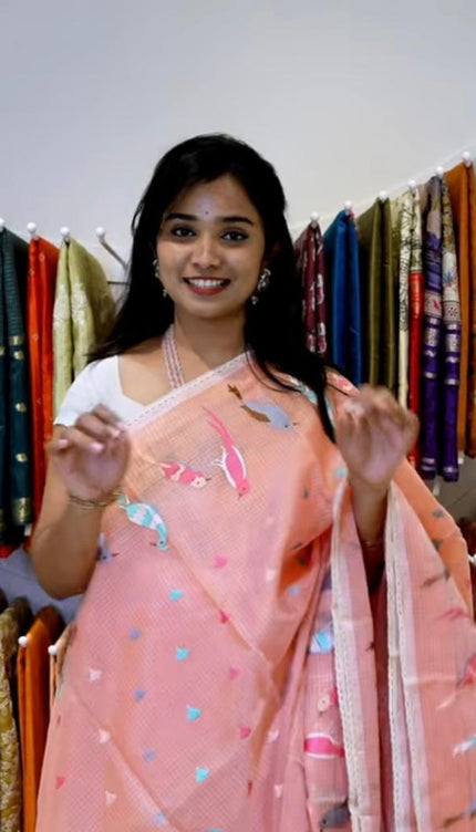 Kota Silk SAree With Thread work and Lace Border- Peach