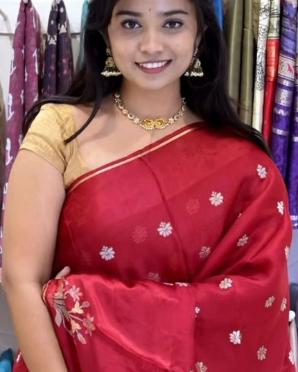 Manipuri kota  Golden Zari weaving Buttis  with Banaras Border - Red