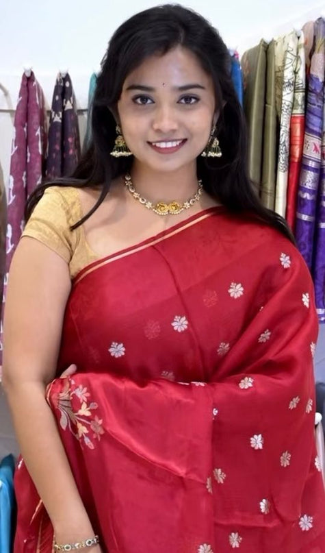 Manipuri kota  Golden Zari weaving Buttis  with Banaras Border - Red