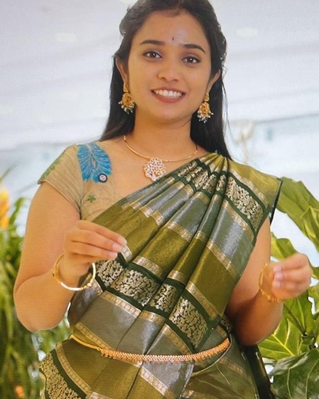 Banarasi Tissue Silk Saree With Gold Zari Work - Green