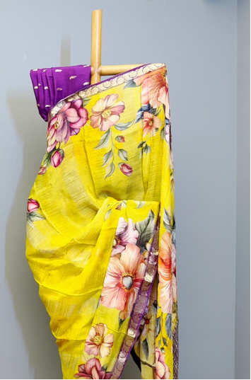 Crepe Silk Saree with  Floral Print with Contrast  Border -  Mehanadi Green