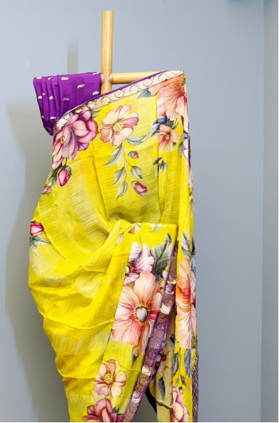 Crepe Silk Saree with  Floral Print with Contrast  Border -  Mehanadi Green