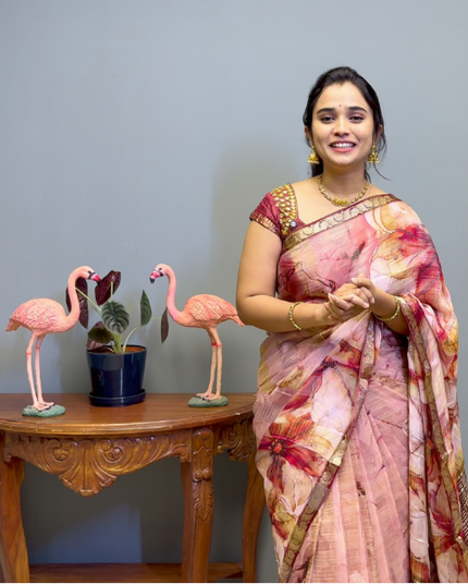 Crepe Silk Saree with  Floral Print with Contrast  Border - Onion Pink