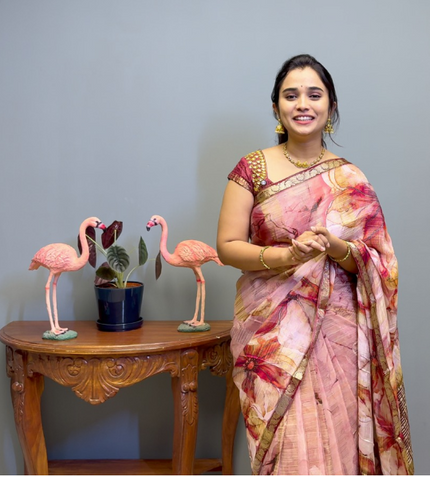 Crepe Silk Saree with  Floral Print with Contrast  Border - Onion Pink