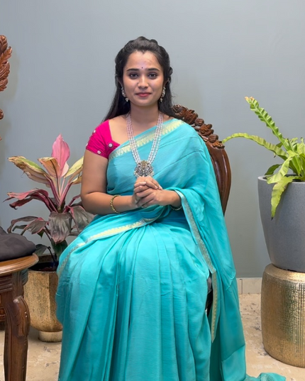 Crepe Saree with Golden Zari contrast Border - Blue