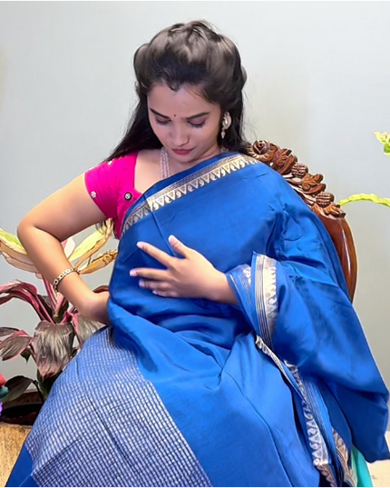 Crepe Saree with Golden Zari contrast Border - Peacock Blue