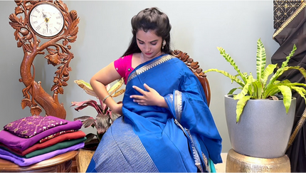 Crepe Saree with Golden Zari contrast Border - Peacock Blue