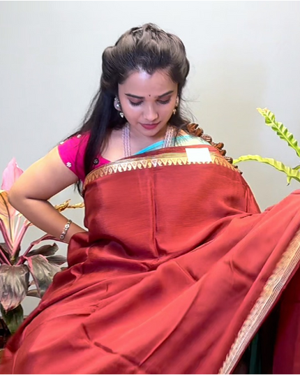 Crepe Saree with Golden Zari contrast Border - Brown