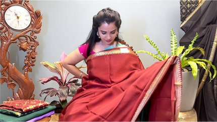 Crepe Saree with Golden Zari contrast Border - Brown