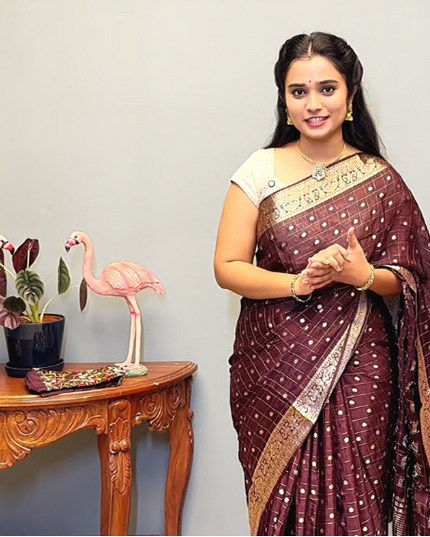 Chinon Silk Saree  with Golden Zari  Weaving Checks Design With Small Butties  Contrast Golden Zari Border -Brown