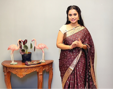 Chinon Silk Saree  with Golden Zari  Weaving Checks Design With Small Butties  Contrast Golden Zari Border -Brown
