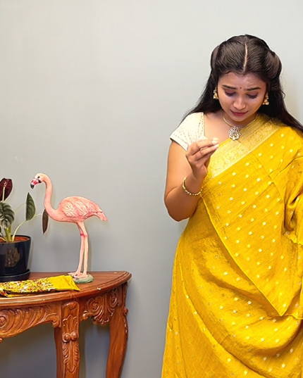 Chinon Silk Saree  with Golden Zari  Weaving Checks Design With Small Butties  Contrast Golden Zari Border -Mustard