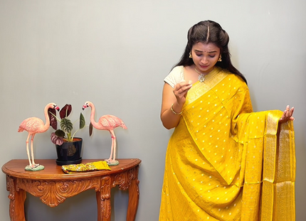 Chinon Silk Saree  with Golden Zari  Weaving Checks Design With Small Butties  Contrast Golden Zari Border -Mustard