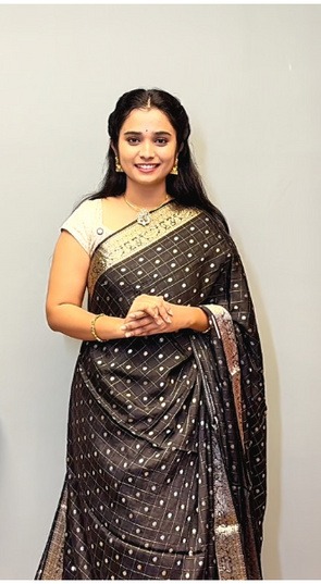 Chinon Silk Saree  with Golden Zari  Weaving Checks Design With Small Butties  Contrast Golden Zari Border -Black