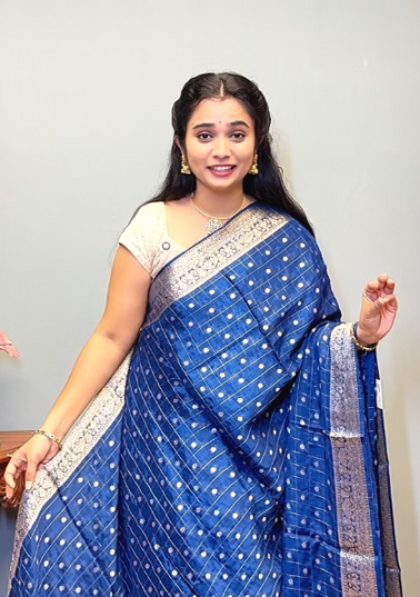 Chinon Silk Saree  with Golden Zari  Weaving Checks Design With Small Butties  Contrast Golden Zari Border -Teal Blue