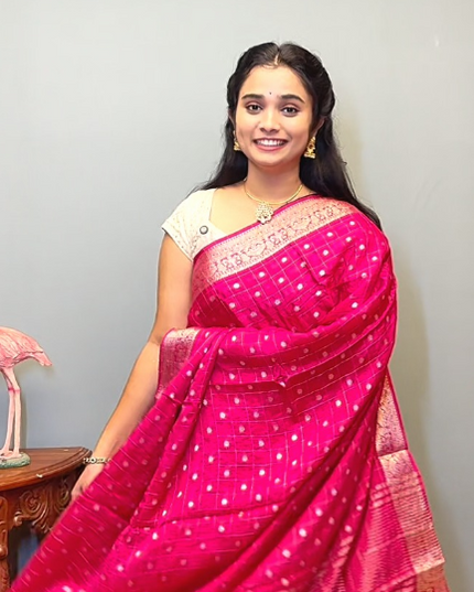 Chinon Silk Saree  with Golden Zari  Weaving Checks Design With Small Butties  Contrast Golden Zari Border -Magenta