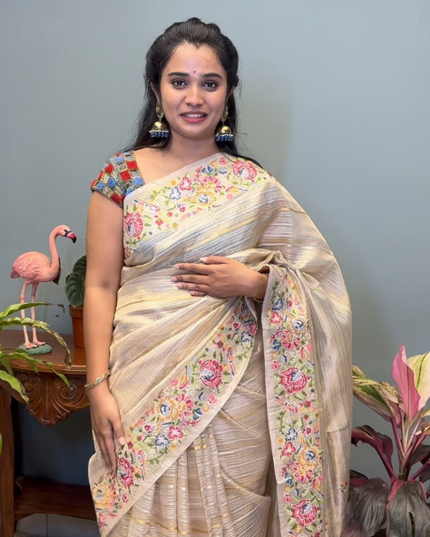 Soft  Tissue Orznga  Saree With Allover Gold and Silver Zari Lines Design with  petite point work Border - Cream