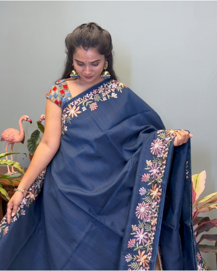 Tusser Silk Saree With Thread Embroidery Work and Lace Border - Peacock Blue
