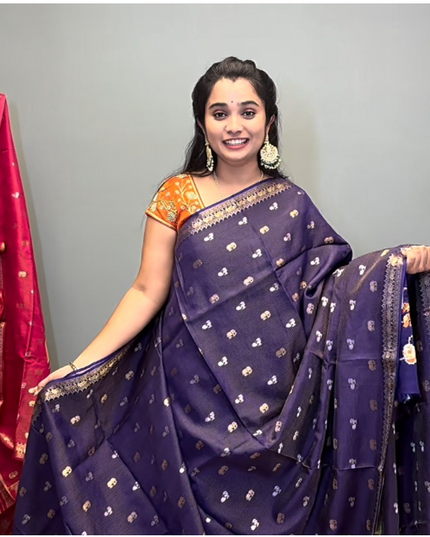 Munga Silk Saree With Gold and Silver Peacock and Elephant Butties Golden  Zari Elephant Design  Border - Purple