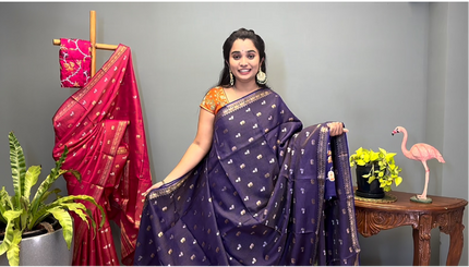 Munga Silk Saree With Gold and Silver Peacock and Elephant Butties Golden  Zari Elephant Design  Border - Purple