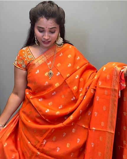 Munga Silk Saree With Gold and Silver Peacock and Elephant Butties Golden  Zari Elephant Design  Border - Orange