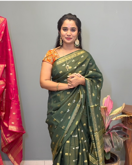 Munga Silk Saree With Gold and Silver Peacock and Elephant Butties Golden  Zari Elephant Design  Border -Bottle Green