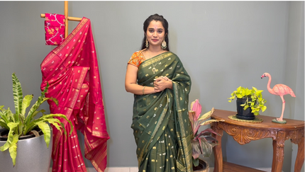 Munga Silk Saree With Gold and Silver Peacock and Elephant Butties Golden  Zari Elephant Design  Border -Bottle Green