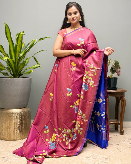 Pure Silk Saree With All Over Hand painting and Golden Zari weaving Temple Design  Border - Light Pink