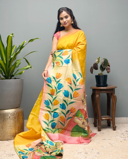 Pure Silk Saree With All Over Hand painting With Borderless Saree  - Mustard