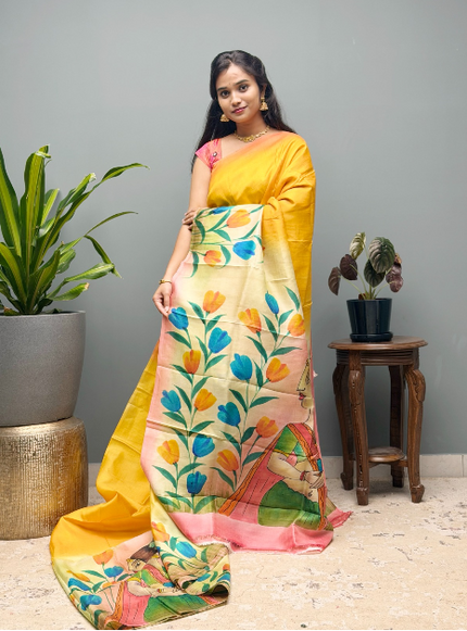 Pure Silk Saree With All Over Hand painting With Borderless Saree  - Mustard