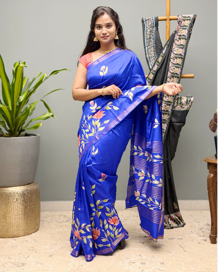 Pure Silk Saree With All Over Hand painting and Golden Zari weaving Temple Design  Border - Royal Blue