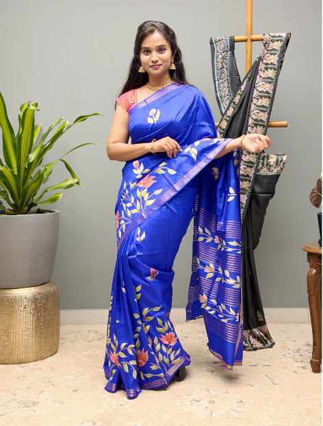 Pure Silk Saree With All Over Hand painting and Golden Zari weaving Temple Design  Border - Royal Blue