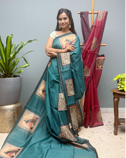 Tusser Silk Saree with Floral Print  contrast Border  - Rama Green